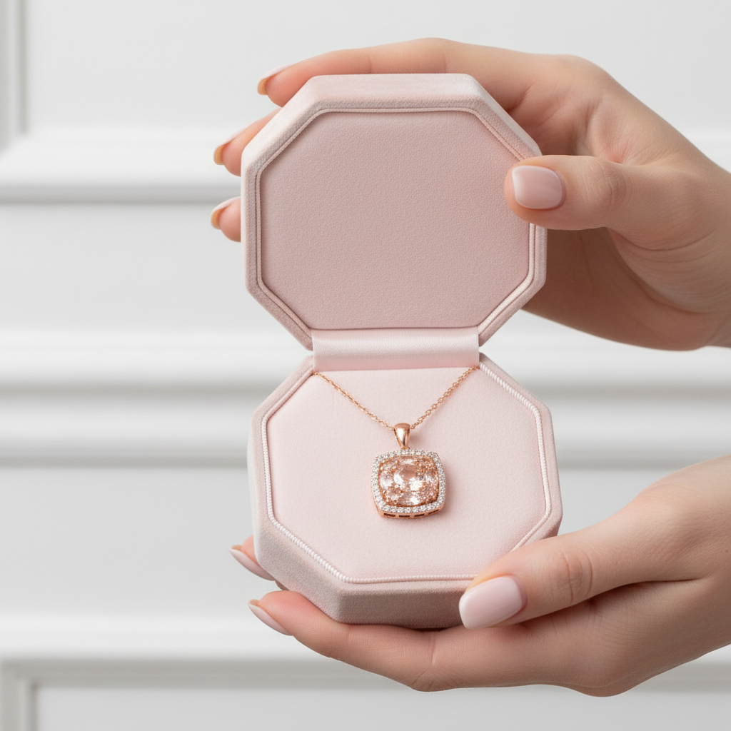 Round-cut Morganite Halo Rose Gold Necklace-Black Diamonds New York