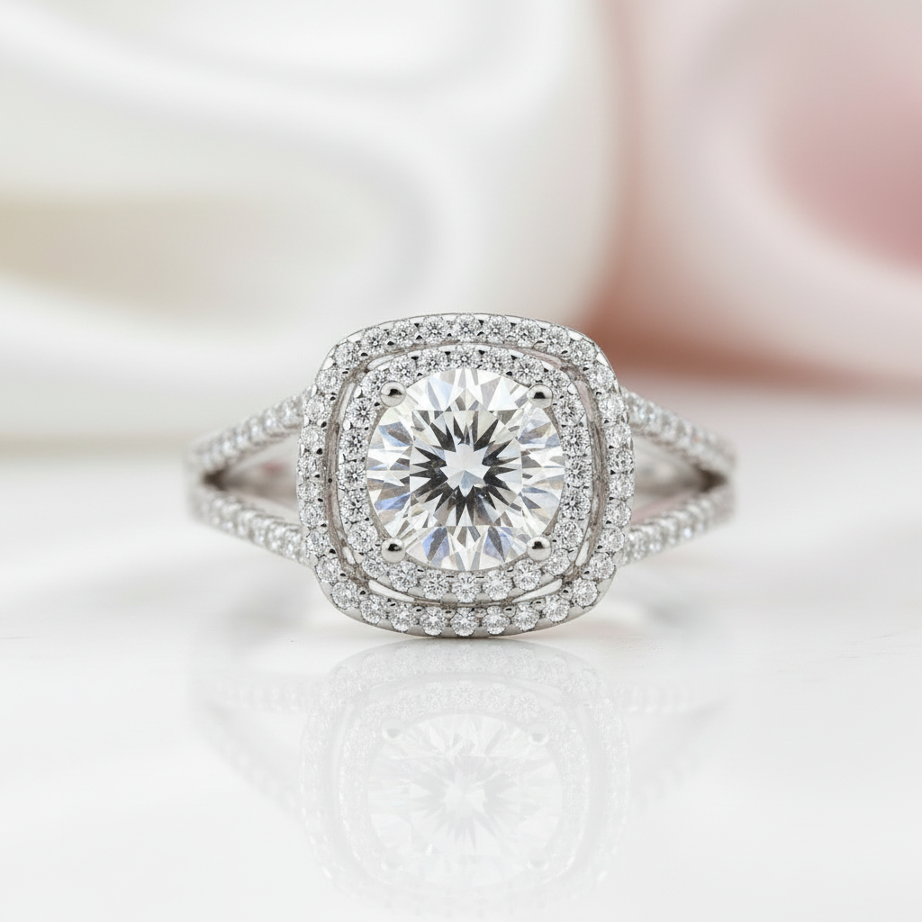 Round Cut Diamond Double Halo Split Shank Engagement Ring-Black Diamonds New York