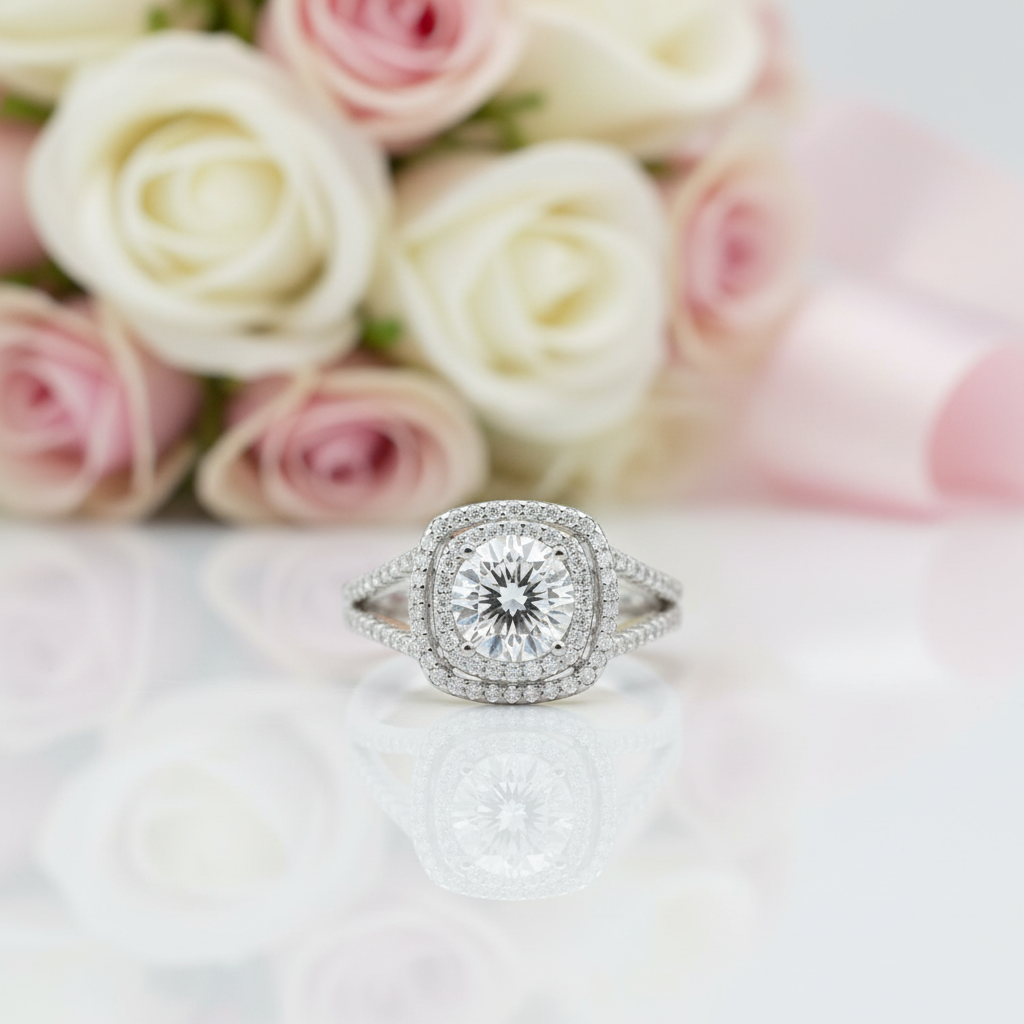 Round Cut Diamond Double Halo Split Shank Engagement Ring-Black Diamonds New York