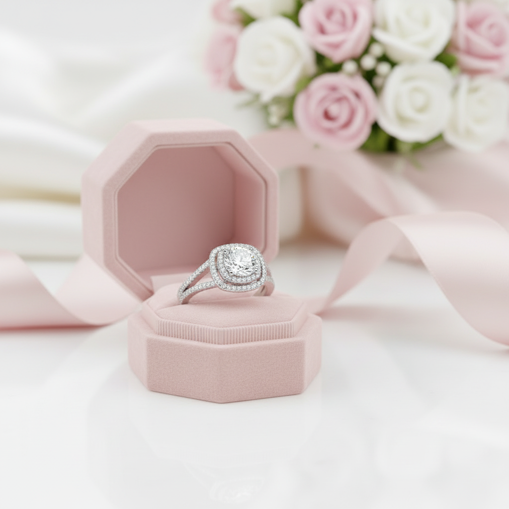 Round Cut Diamond Double Halo Split Shank Engagement Ring-Black Diamonds New York