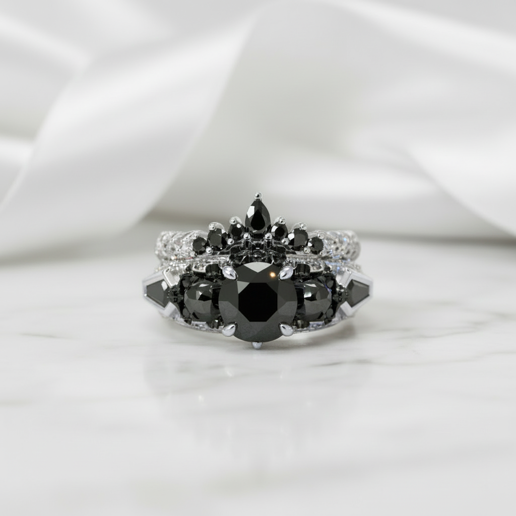 Eternal Flame- Round Cut Diamond Coffin Wedding Ring Set-Black Diamonds New York