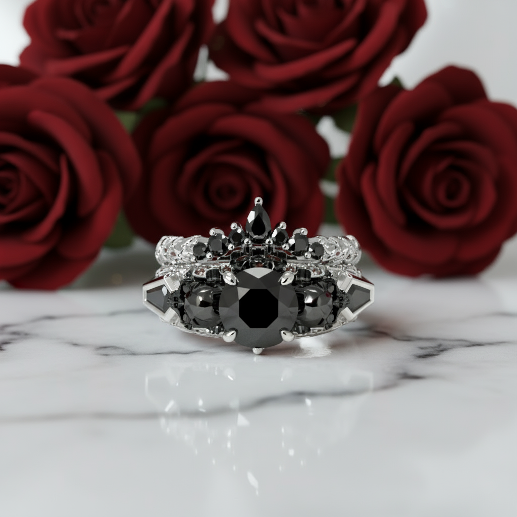 Eternal Flame- Round Cut Diamond Coffin Wedding Ring Set-Black Diamonds New York