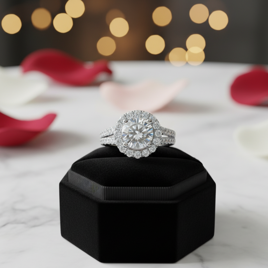 Round Cut Diamond Halo Double Band Engagement Ring-Black Diamonds New York