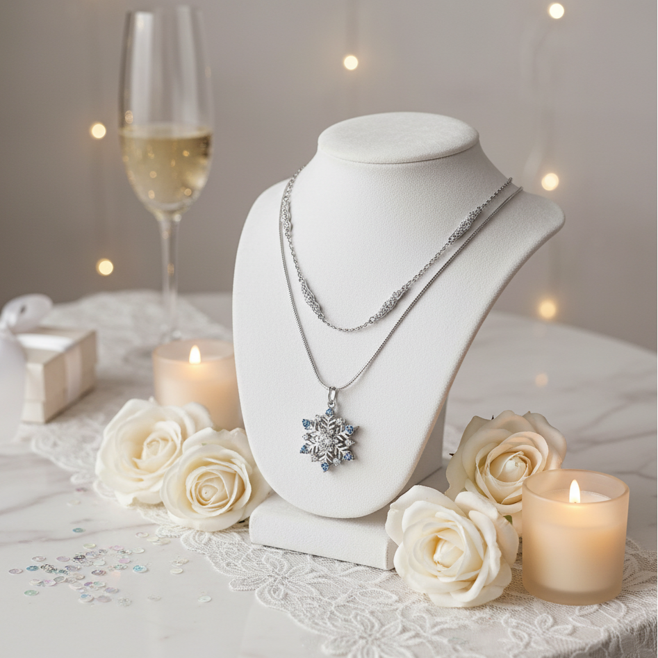 Round Cut Diamond Snowflake Double Chain Necklace-Black Diamonds New York