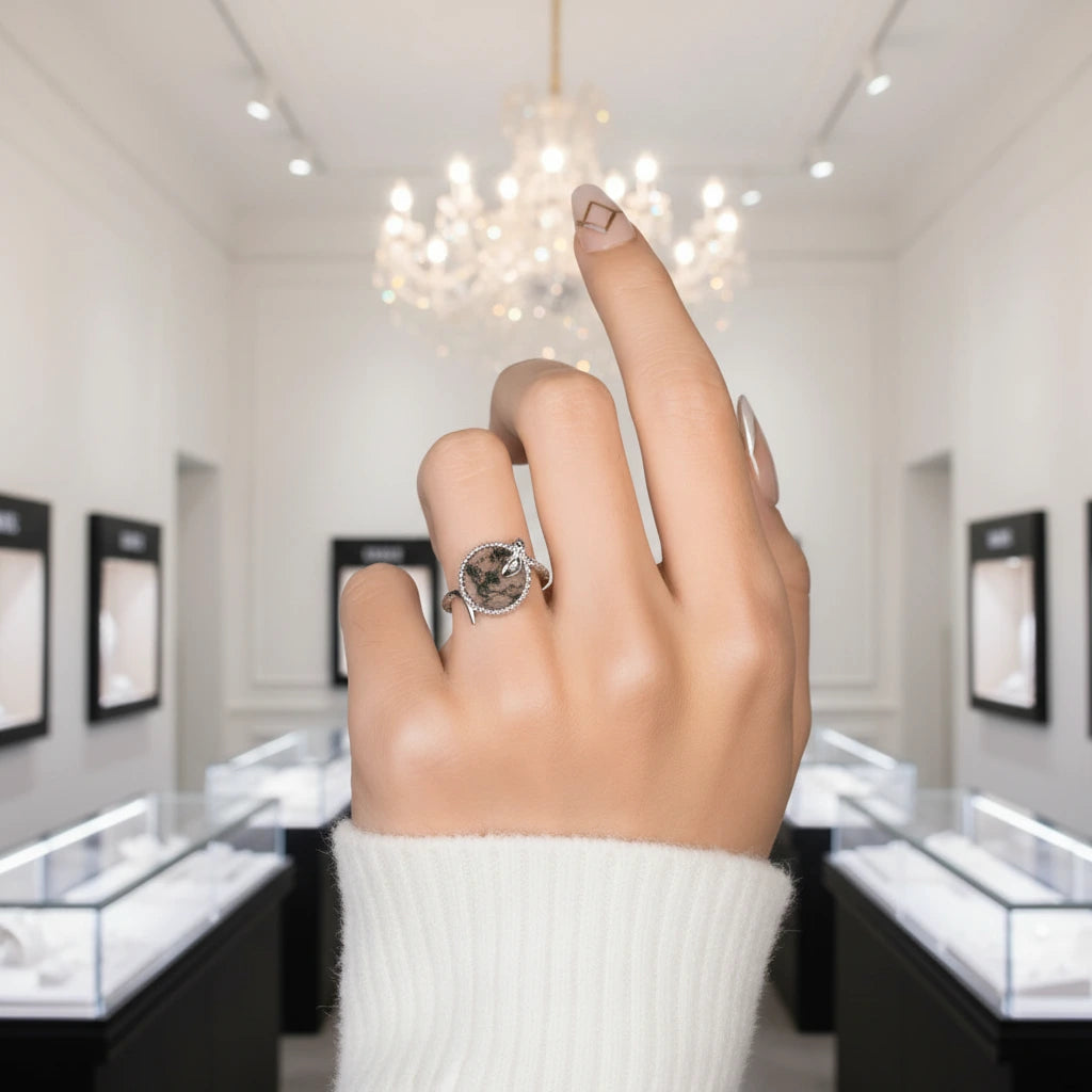 Round Cut Moss Agate Engagement Ring-Black Diamonds New York