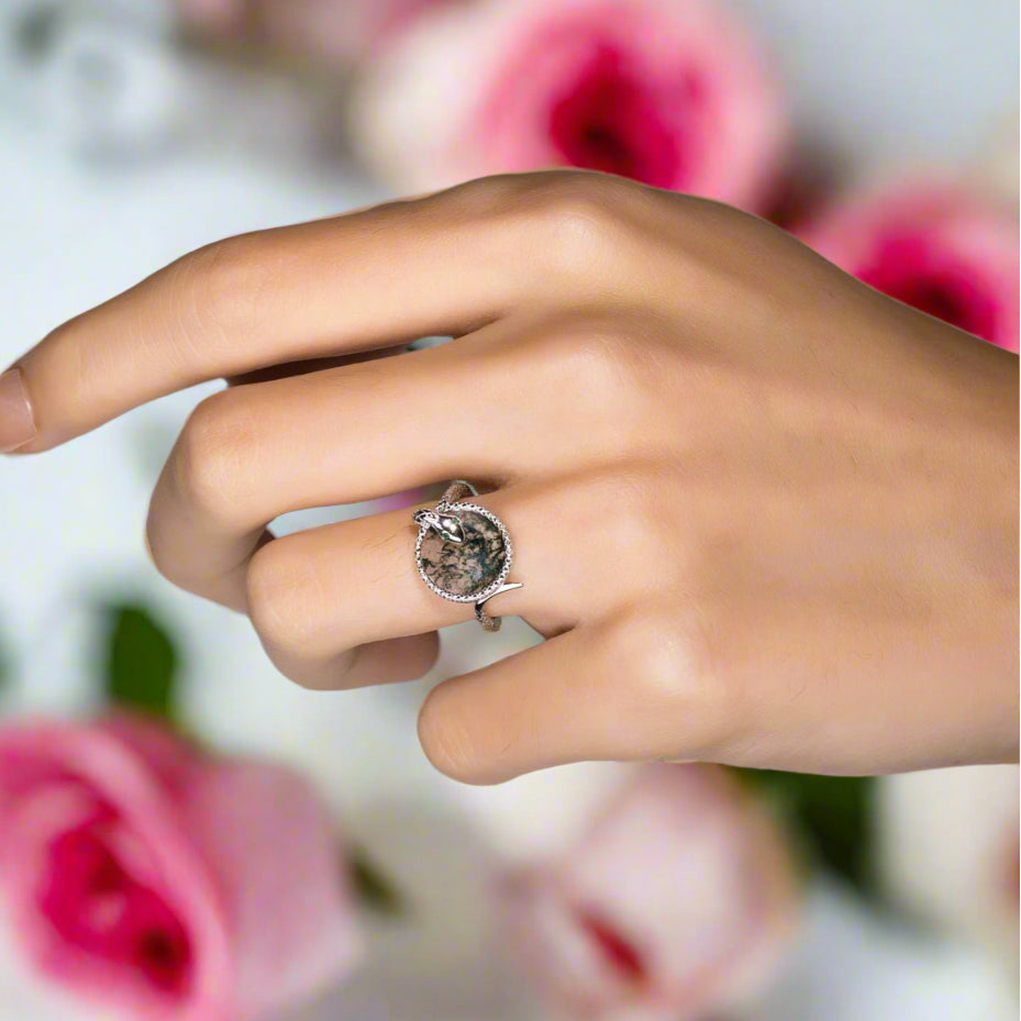 Round Cut Moss Agate Engagement Ring-Black Diamonds New York