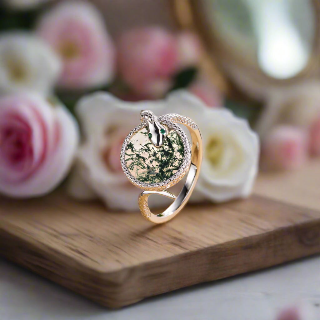 Round Cut Moss Agate Engagement Ring-Black Diamonds New York