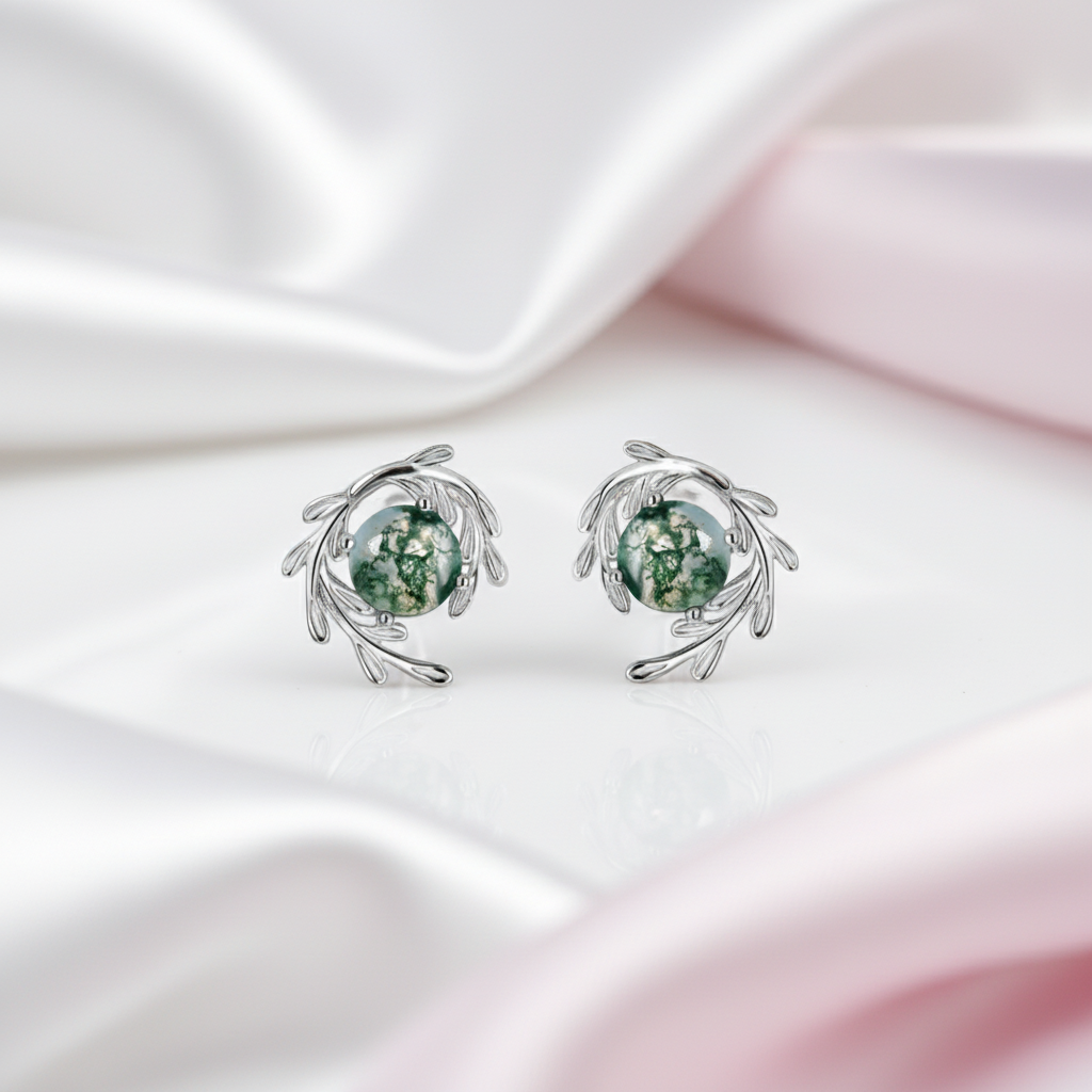 Round Cut Moss Agate Stud Earrings-Black Diamonds New York