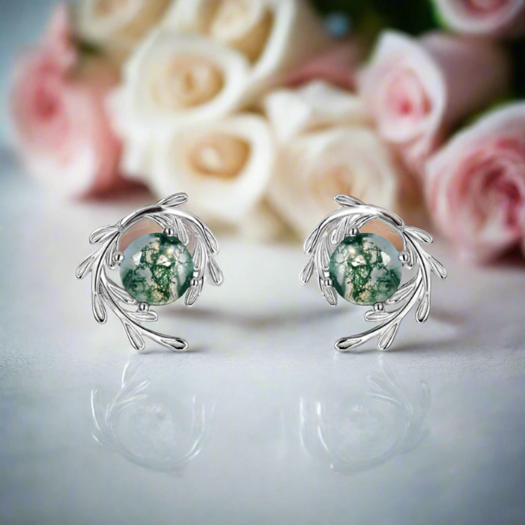 Round Cut Moss Agate Stud Earrings-Black Diamonds New York