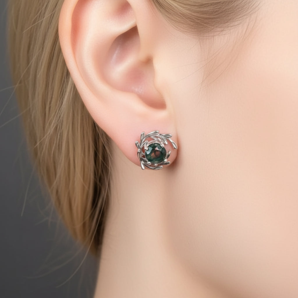 Round Cut Moss Agate Stud Earrings-Black Diamonds New York