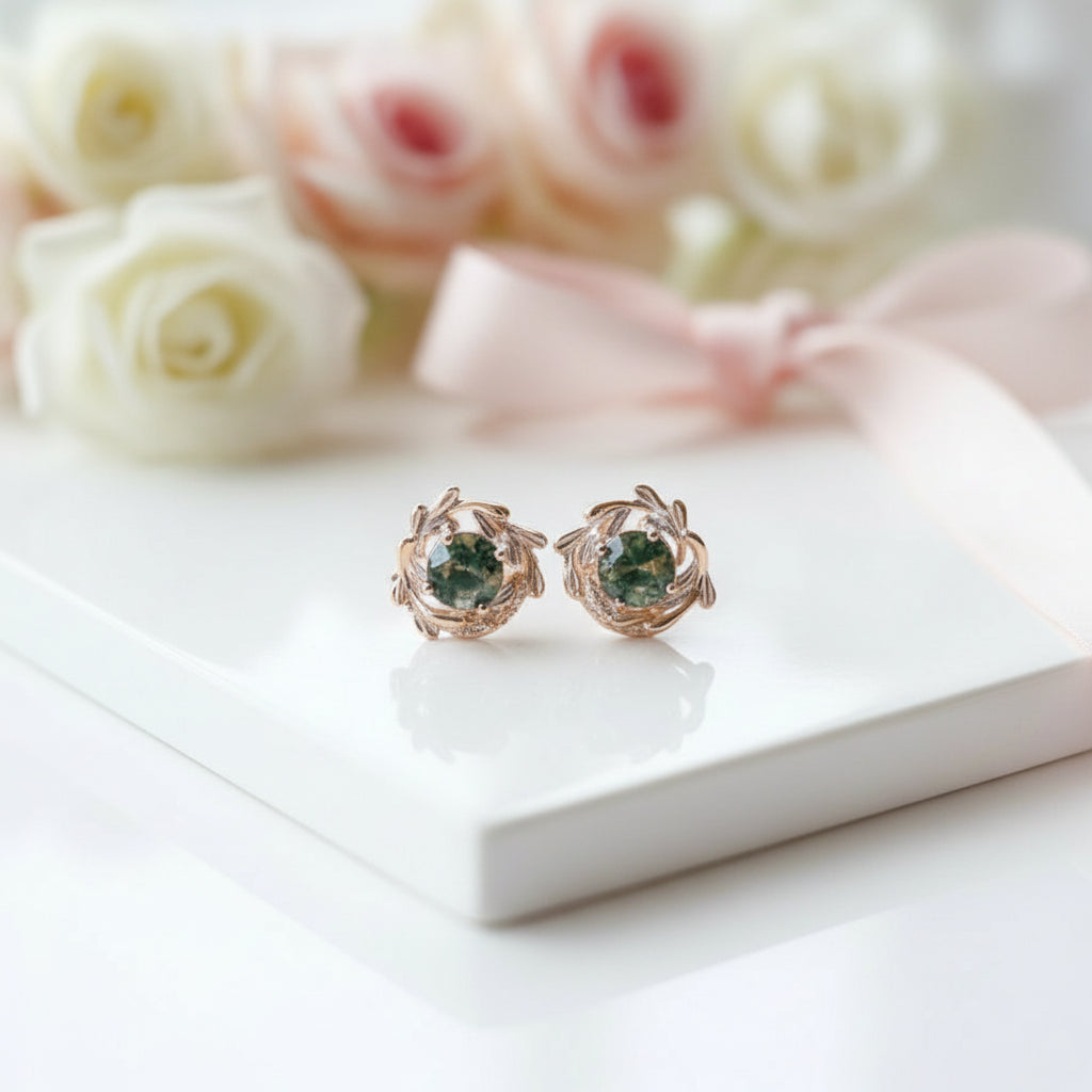 Round Cut Moss Agate Stud Earrings-Black Diamonds New York