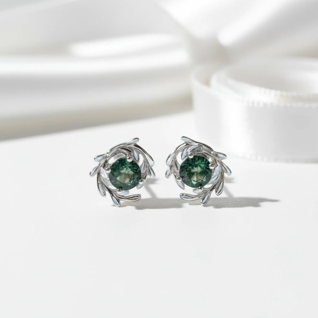 Round Cut Moss Agate Stud Earrings-Black Diamonds New York