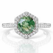 Round Cut Natural Moss Agate Hexagon Halo Engagement Ring-Black Diamonds New York