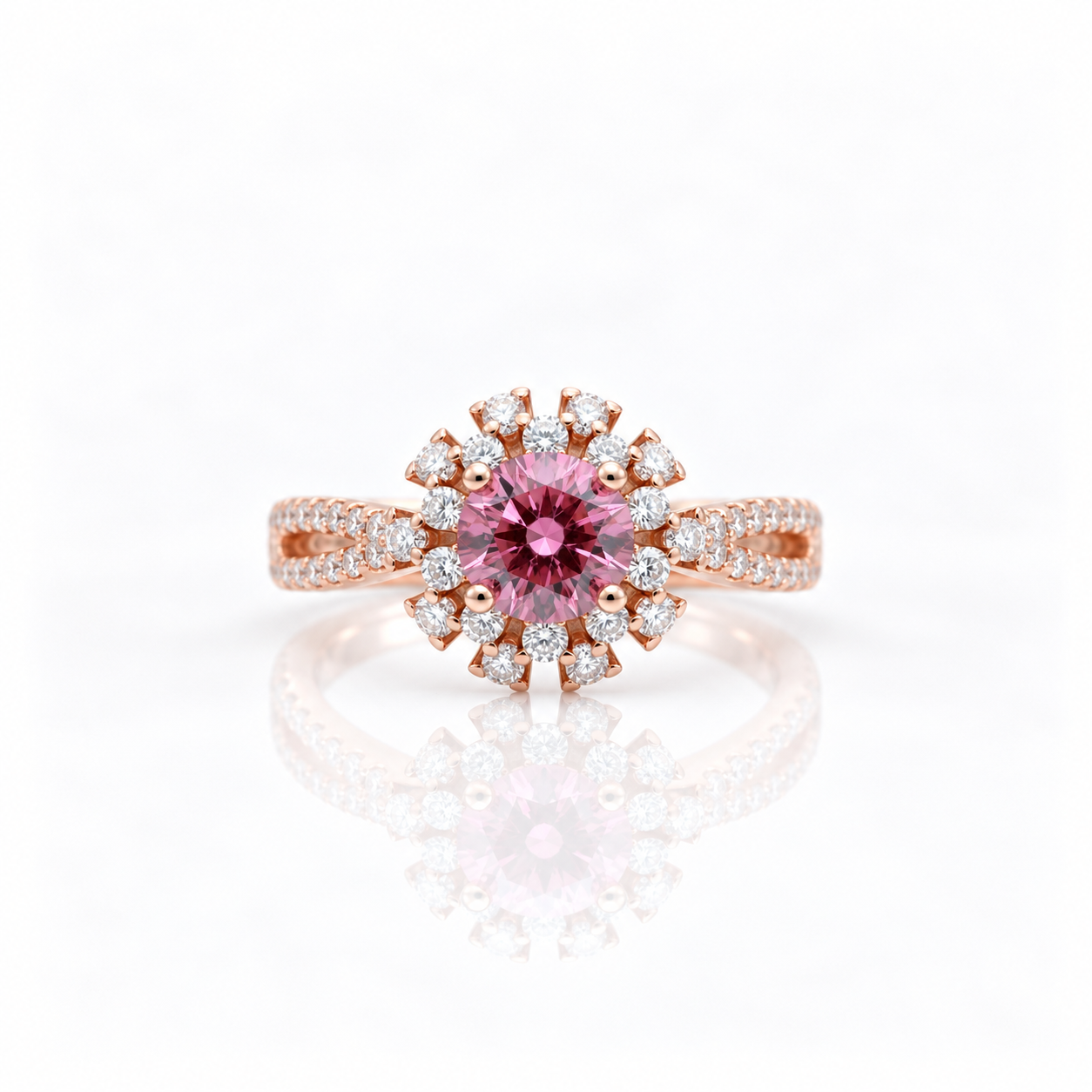 Round Cut Pink Diamond Option Halo Rose Gold Engagement Ring-Black Diamonds New York