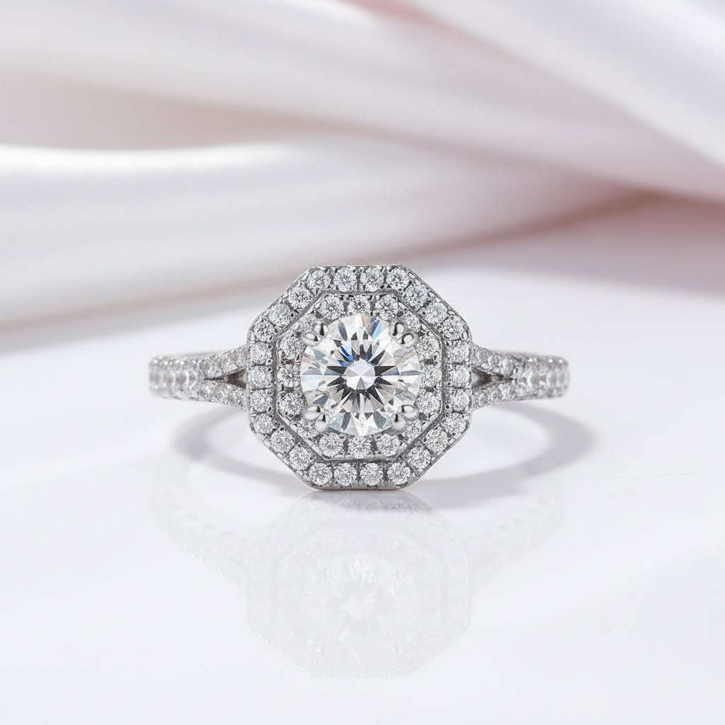 Round Diamond Option Double Halo Engagement Ring-Black Diamonds New York