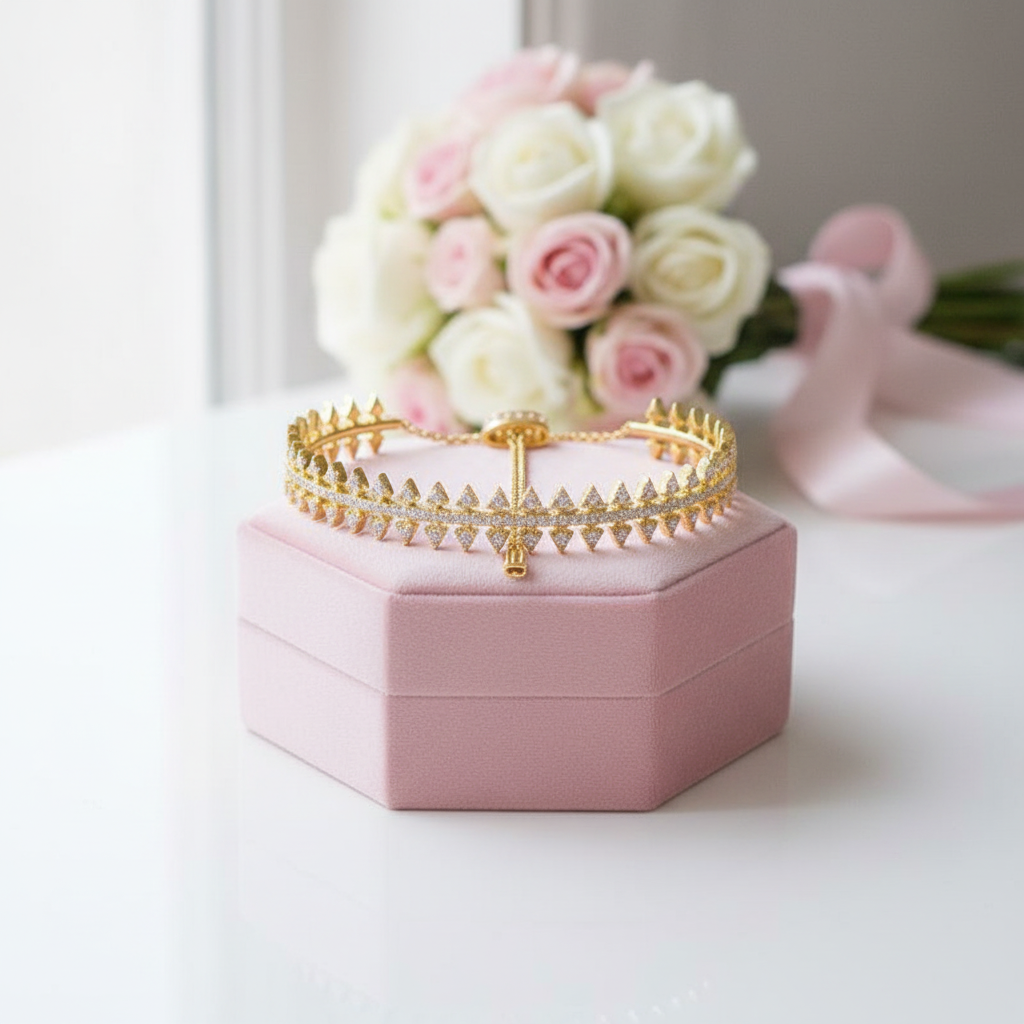 Gold bracelet on a pink jewelry box with flowers in the background