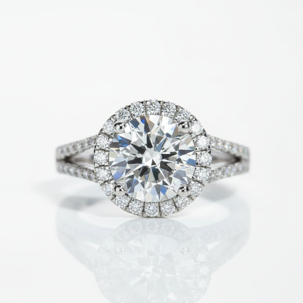 A round-cut diamond engagement ring with a double halo setting and a diamond-accented split band, shown on a clean white reflective surface.