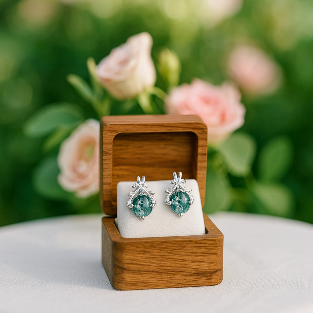 Round Moss Agate Branch Style Stud Earrings-Black Diamonds New York