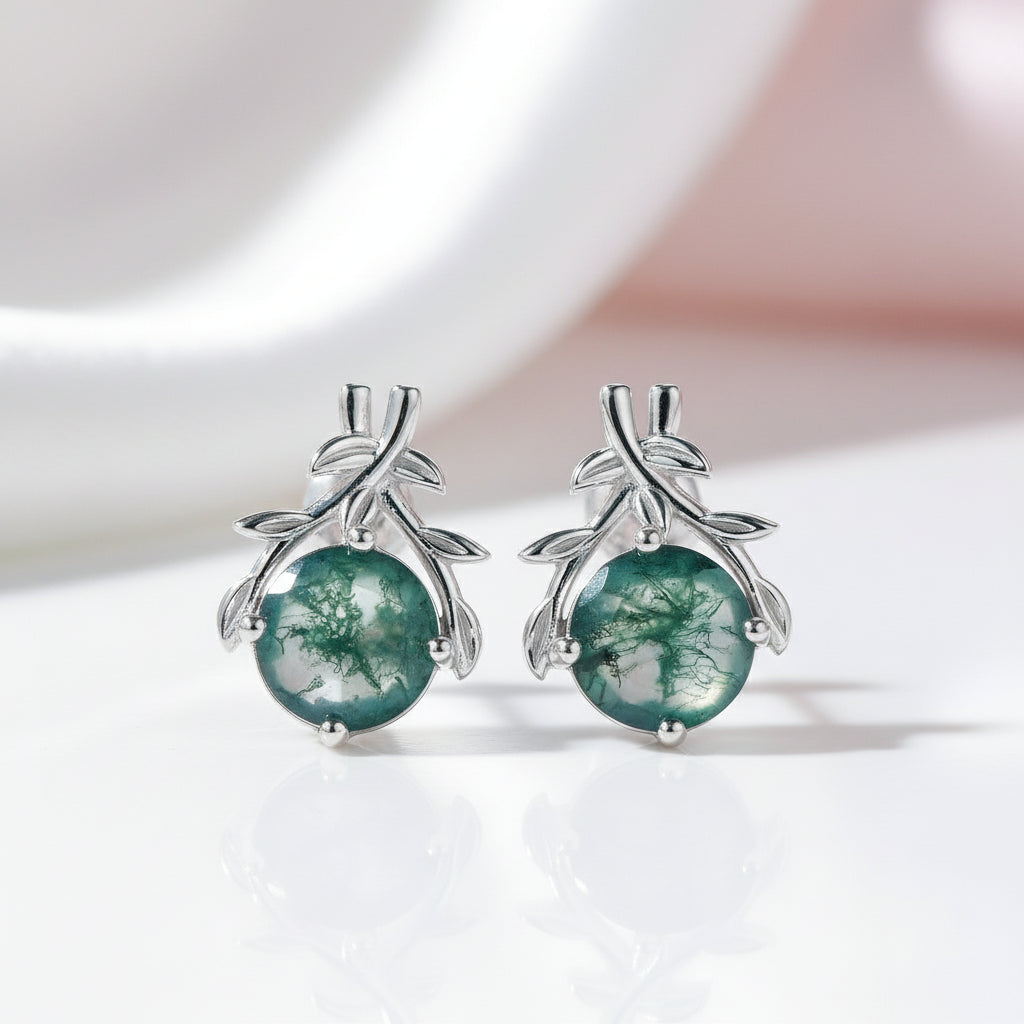 Round Moss Agate Branch Option Stud Earrings-Black Diamonds New York