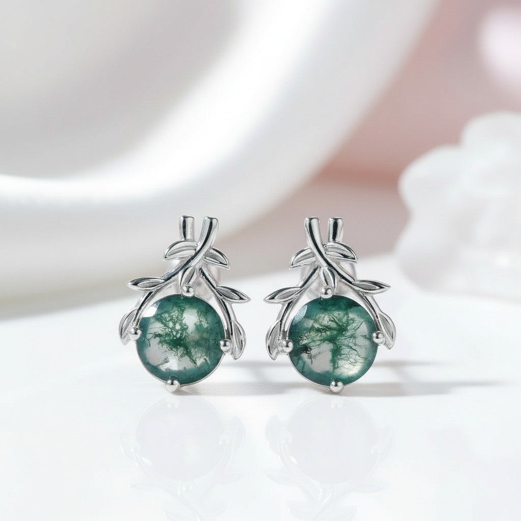 Round Moss Agate Branch Style Stud Earrings-Black Diamonds New York