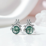 Round Moss Agate Branch Style Stud Earrings-Black Diamonds New York