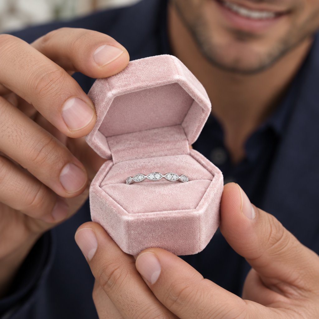 A close-up of a person holding an open pink velvet hexagonal ring box, showing a silver diamond band ring inside. The person is wearing a dark navy shirt, and the background is softly blurred.