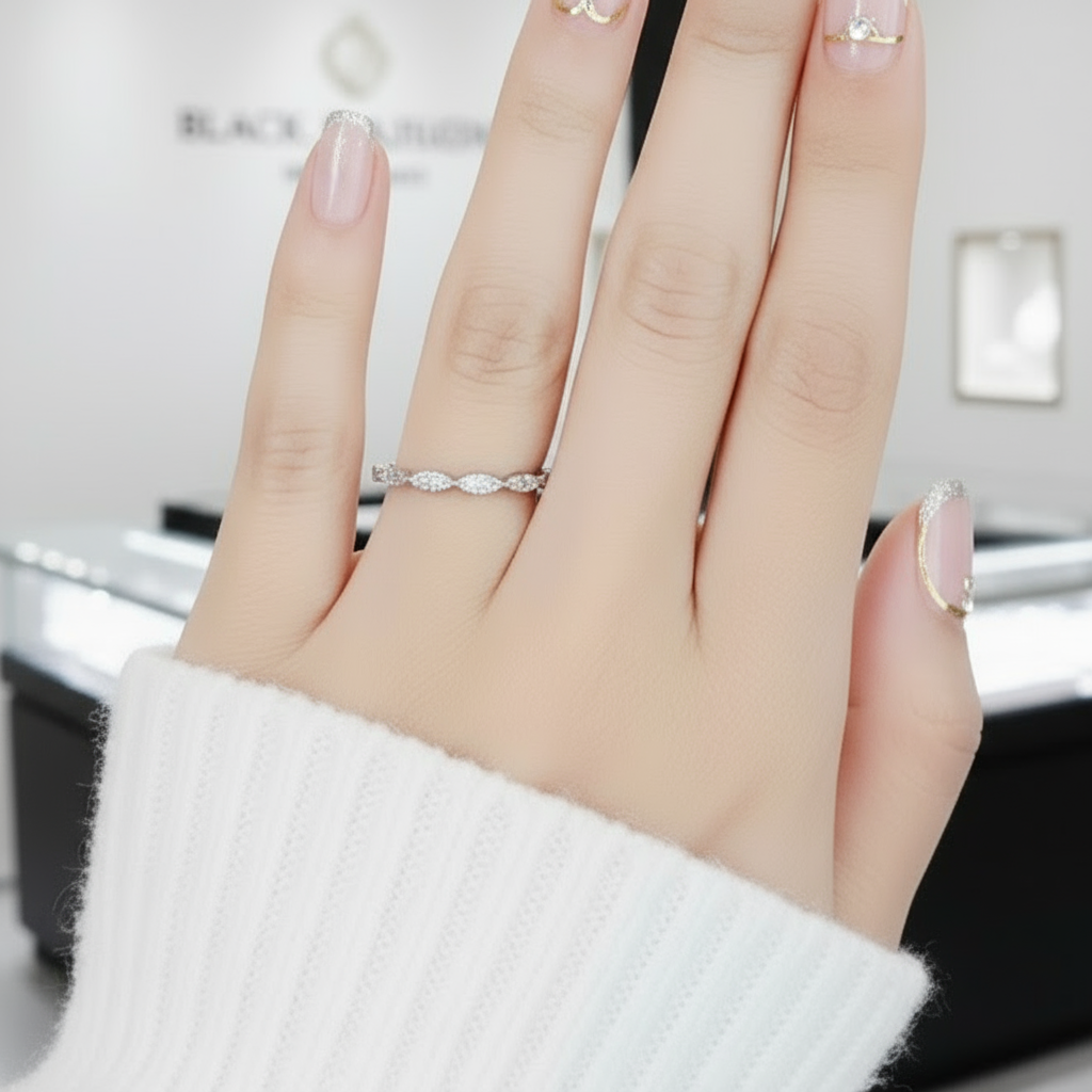 Round Scalloped Diamond Stackable Ring Band-Black Diamonds New York