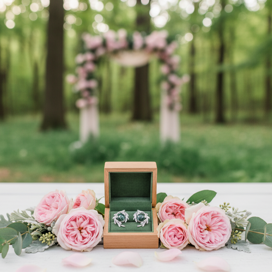 Round cut Natural Green Moss Agate Plant Inspired Anniversary Earrings-Black Diamonds New York