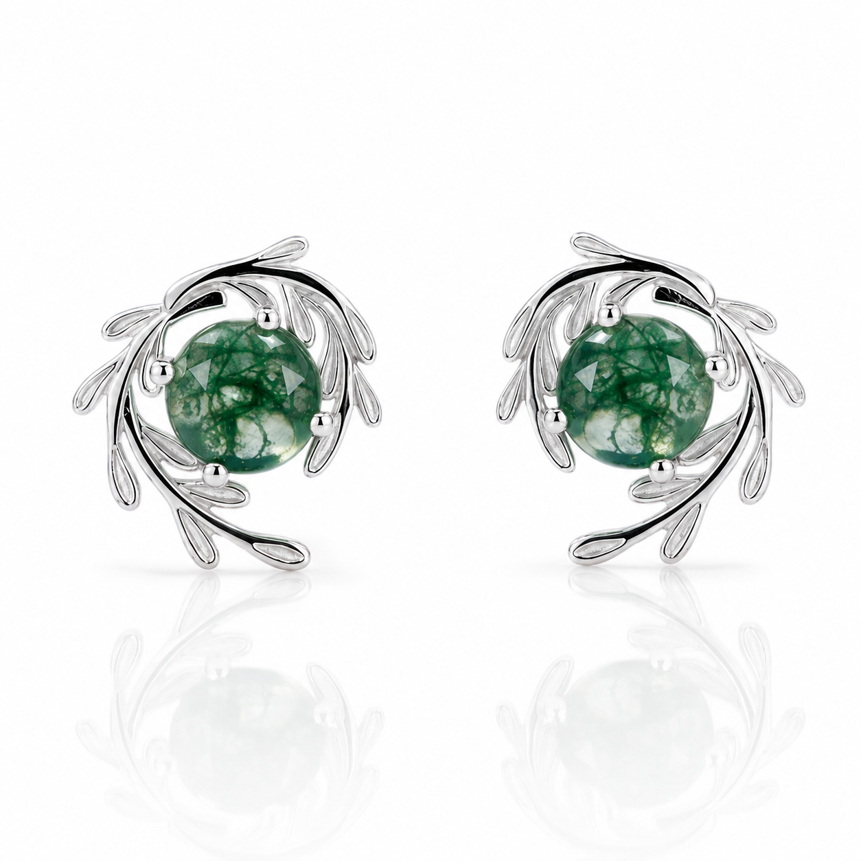 Round cut Natural Green Moss Agate Plant Inspired Anniversary Earrings-Black Diamonds New York