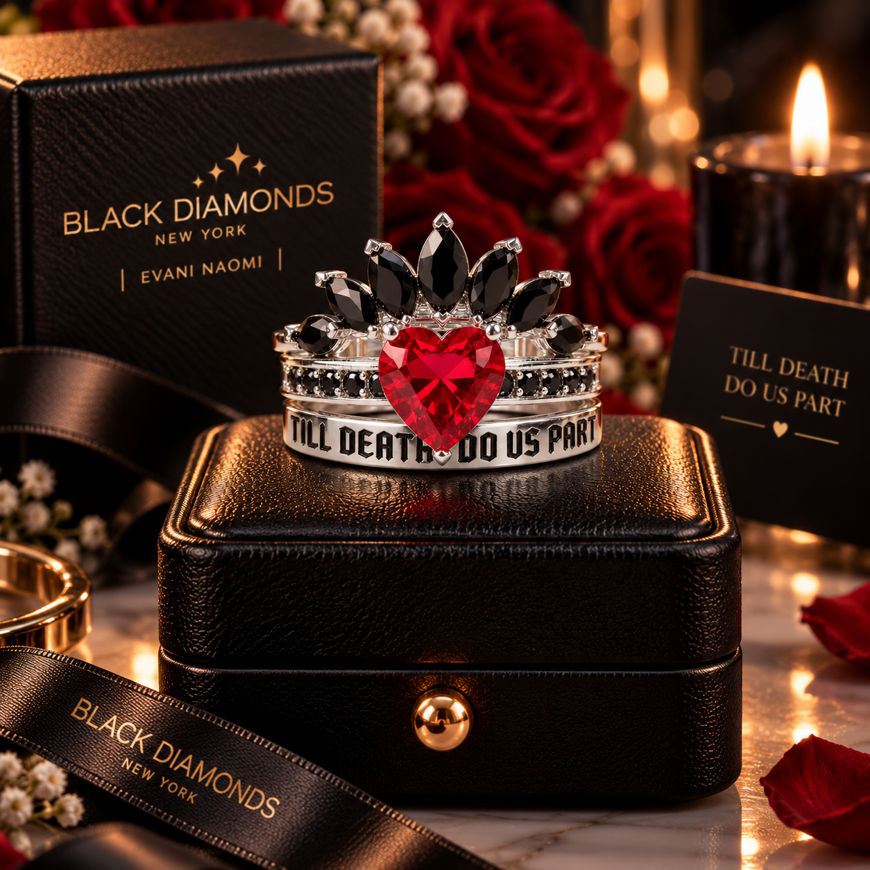 Till Death Do Us Part- 1.5 Carat Heart Created Diamond Option Wedding Ring Set-Black Diamonds New York