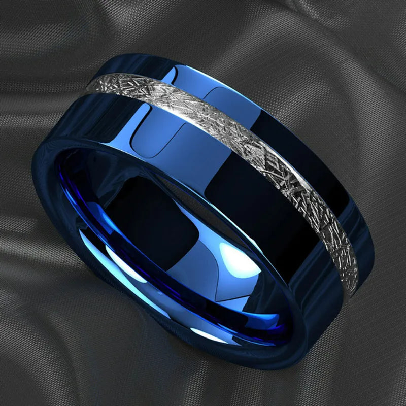 Vintage Blue Polished Unisex Wedding Band with Meteorite Inlay-Black Diamonds New York