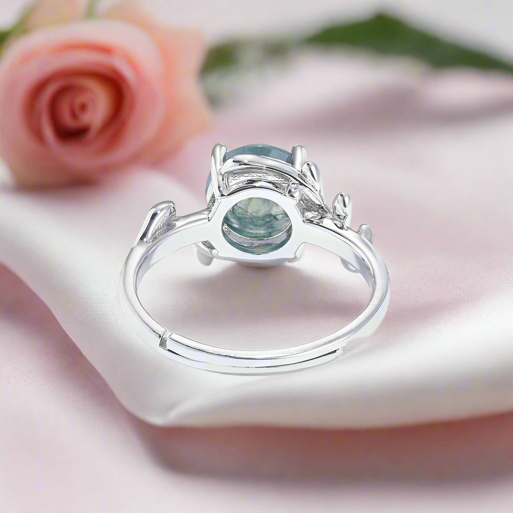 Unique Olive Branch Moss Agate Natural Adjustable Promise Ring-Black Diamonds New York