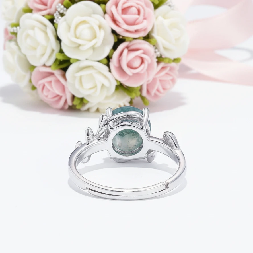 Unique Olive Branch Moss Agate Natural Adjustable Promise Ring-Black Diamonds New York