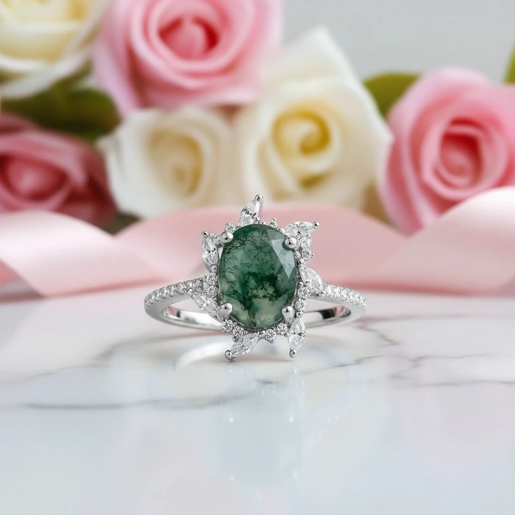 Moss Agate Engagement Ring-Black Diamonds New York