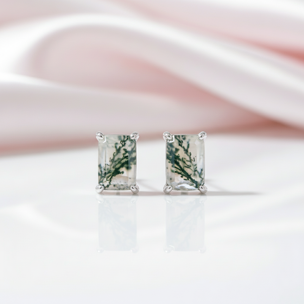 Emerald Cut Moss Agate Stud Earrings-Black Diamonds New York
