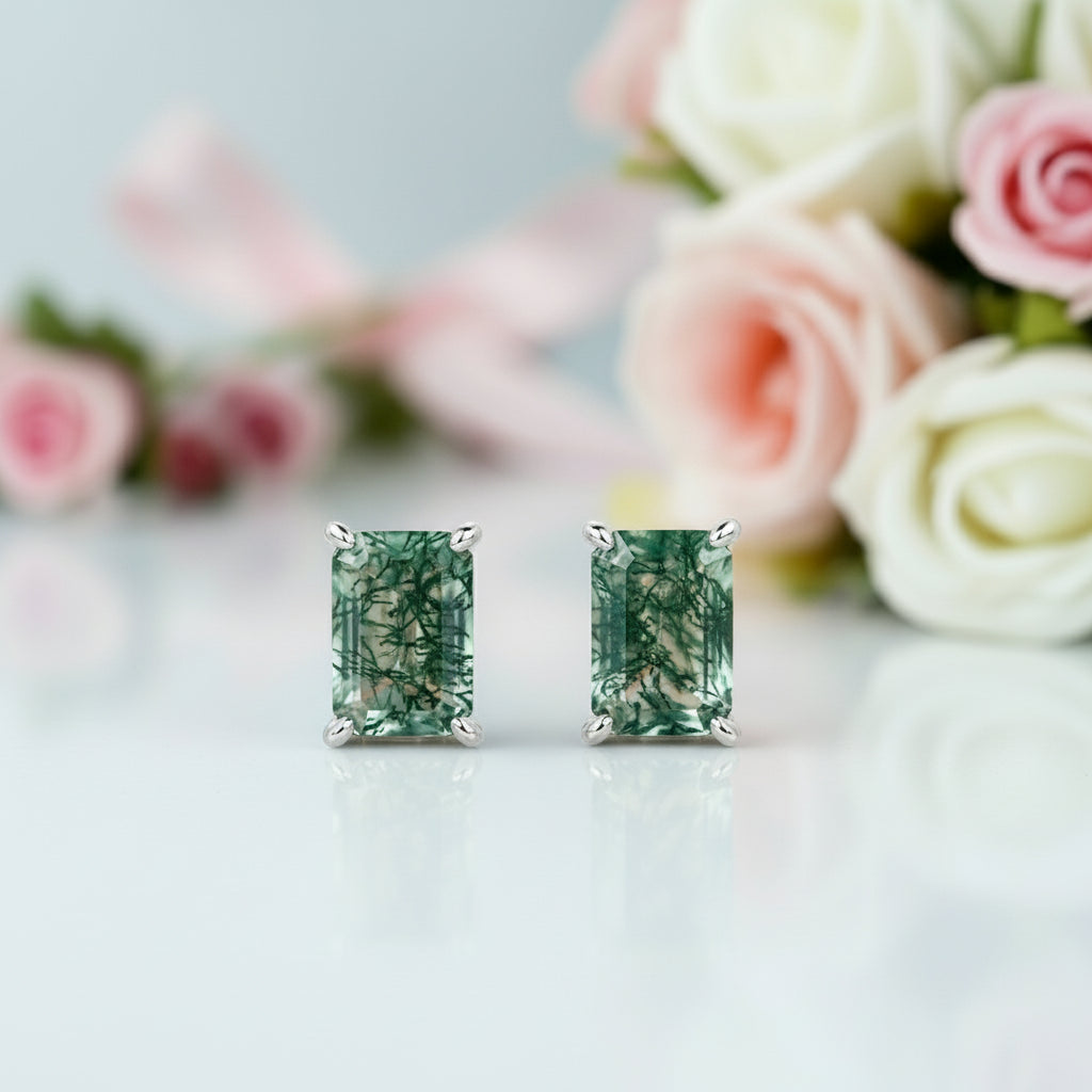 Emerald Cut Moss Agate Stud Earrings-Black Diamonds New York