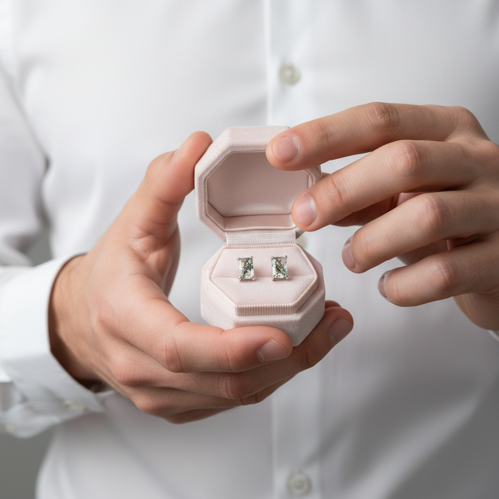 Emerald Cut Moss Agate Stud Earrings-Black Diamonds New York