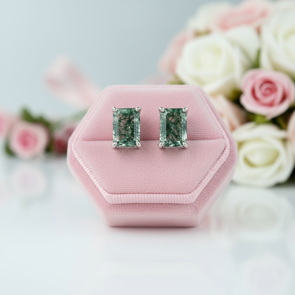 Emerald Cut Moss Agate Stud Earrings-Black Diamonds New York