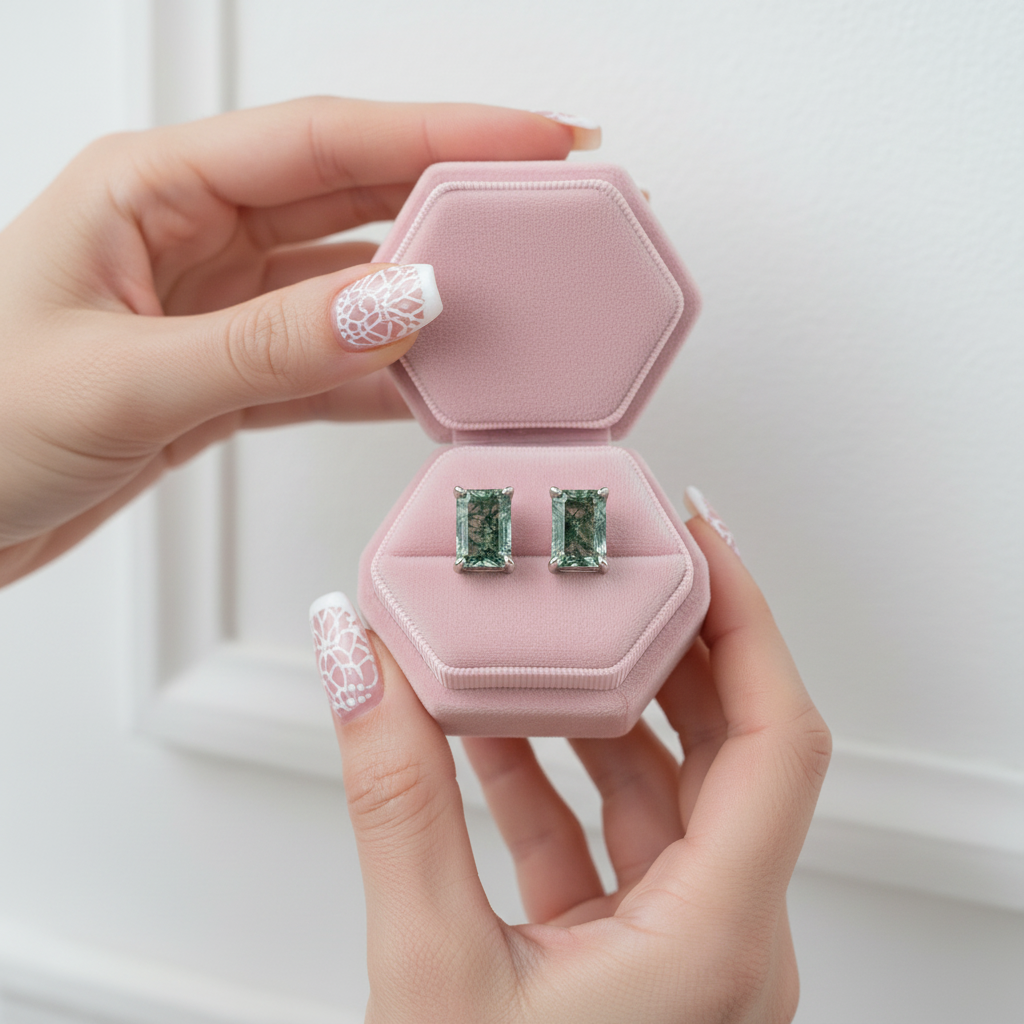 Emerald Cut Moss Agate Stud Earrings-Black Diamonds New York