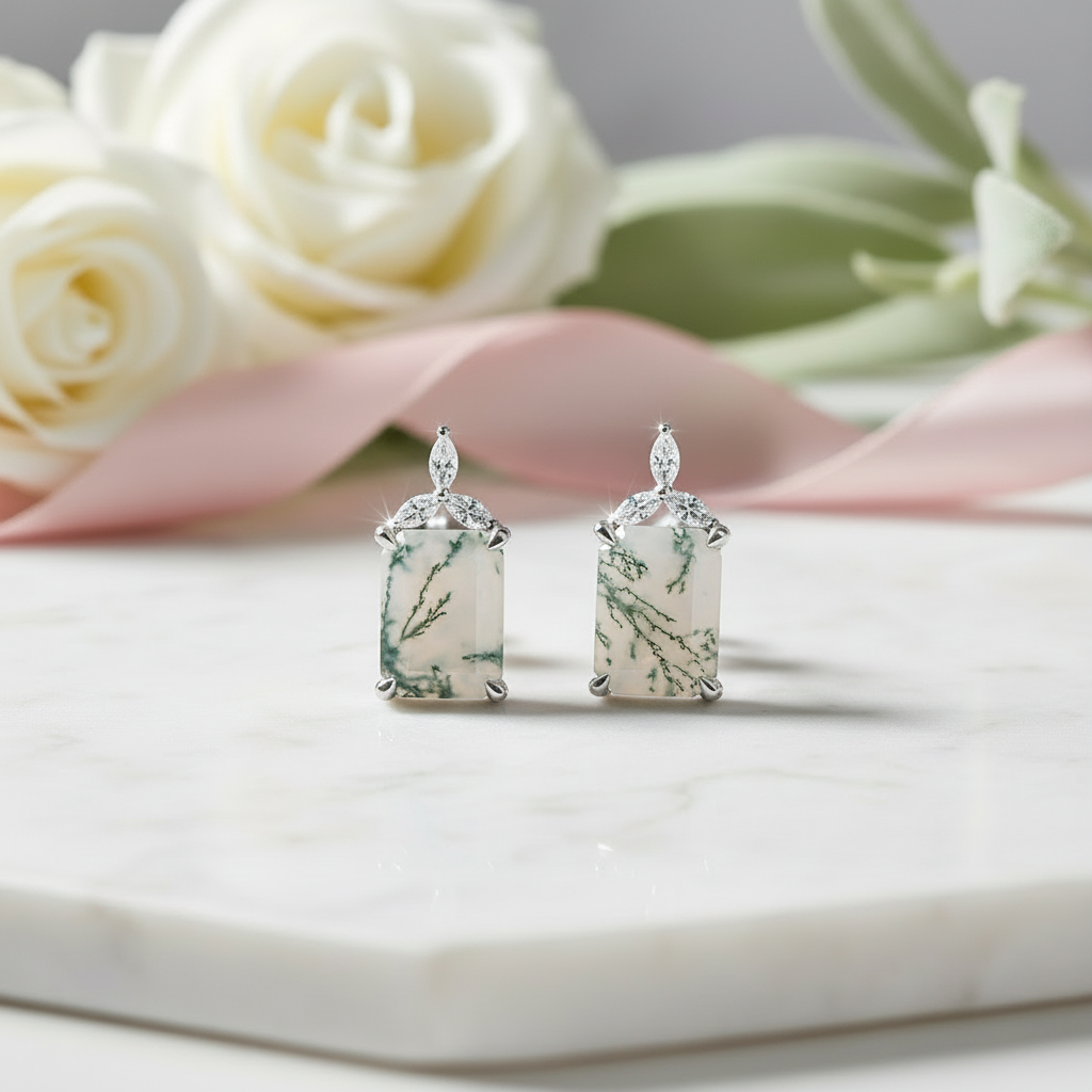 Unique Emerald Cut Natural Moss Agate Jewelry Set-Black Diamonds New York