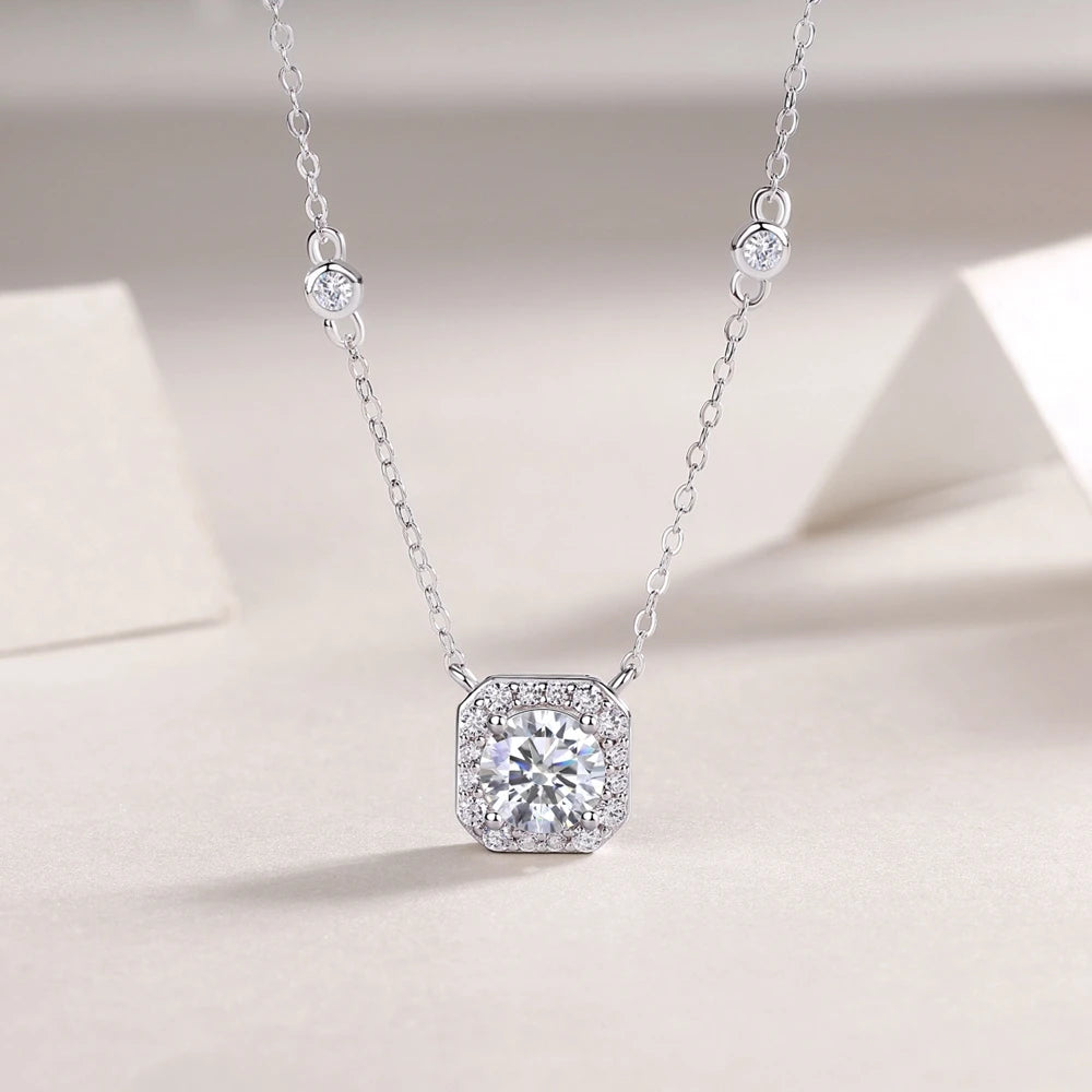 1.0 Ct Round Cut Moissanite Diamond Halo Necklace-Black Diamonds New York
