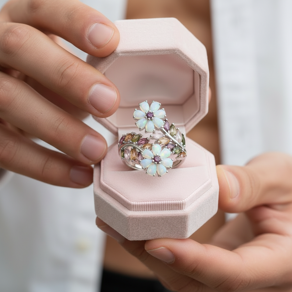 Opal & Tourmaline Gemstone Flower Ring-Black Diamonds New York