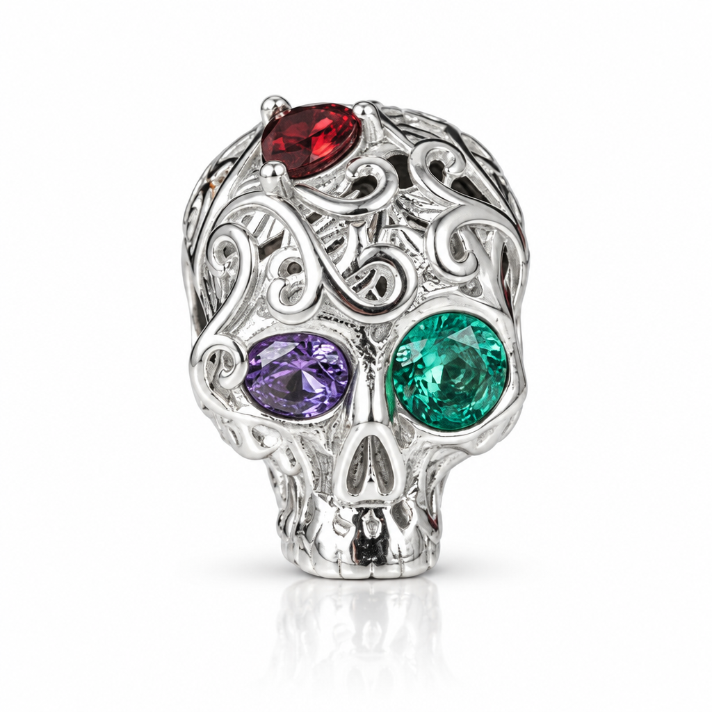 Vintage Patterned Skull Charm-Black Diamonds New York