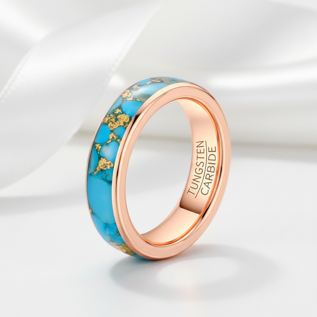6mm Blue Turquoise Tungsten Carbide Ring-Black Diamonds New York