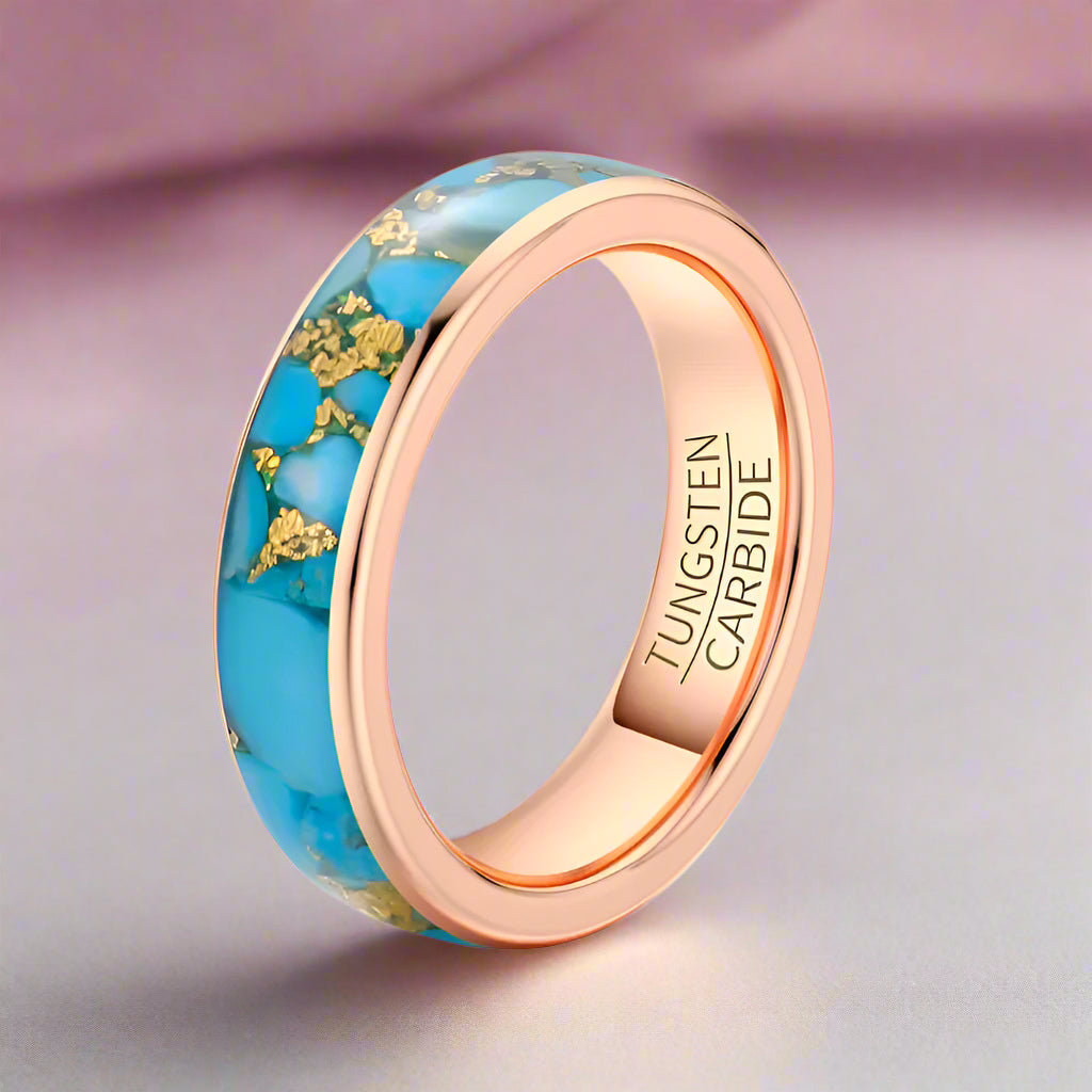 6mm Natural Blue Turquoise Tungsten Carbide Ring-Black Diamonds New York