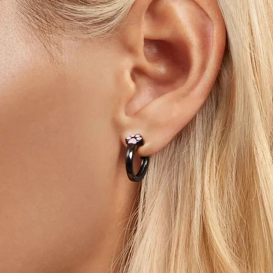 Lovely Black Hoop Earrings with Pink Cat Paw-Black Diamonds New York