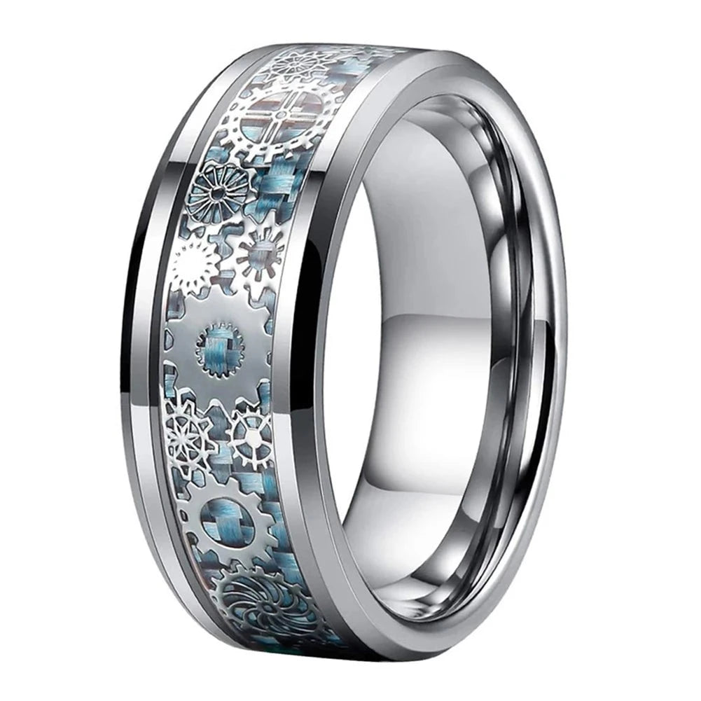 8mm Men's Tungsten Wedding Band with Gear Wheel & Blue Carbon Fiber Inlay-Black Diamonds New York