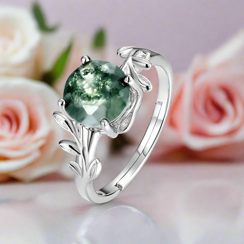 Unique Olive Branch Moss Agate Natural Adjustable Promise Ring-Black Diamonds New York