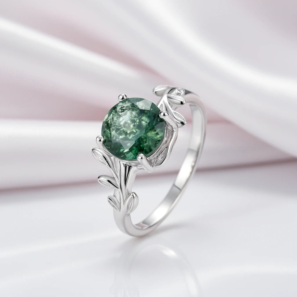 Unique Olive Branch Moss Agate Natural Adjustable Promise Ring-Black Diamonds New York