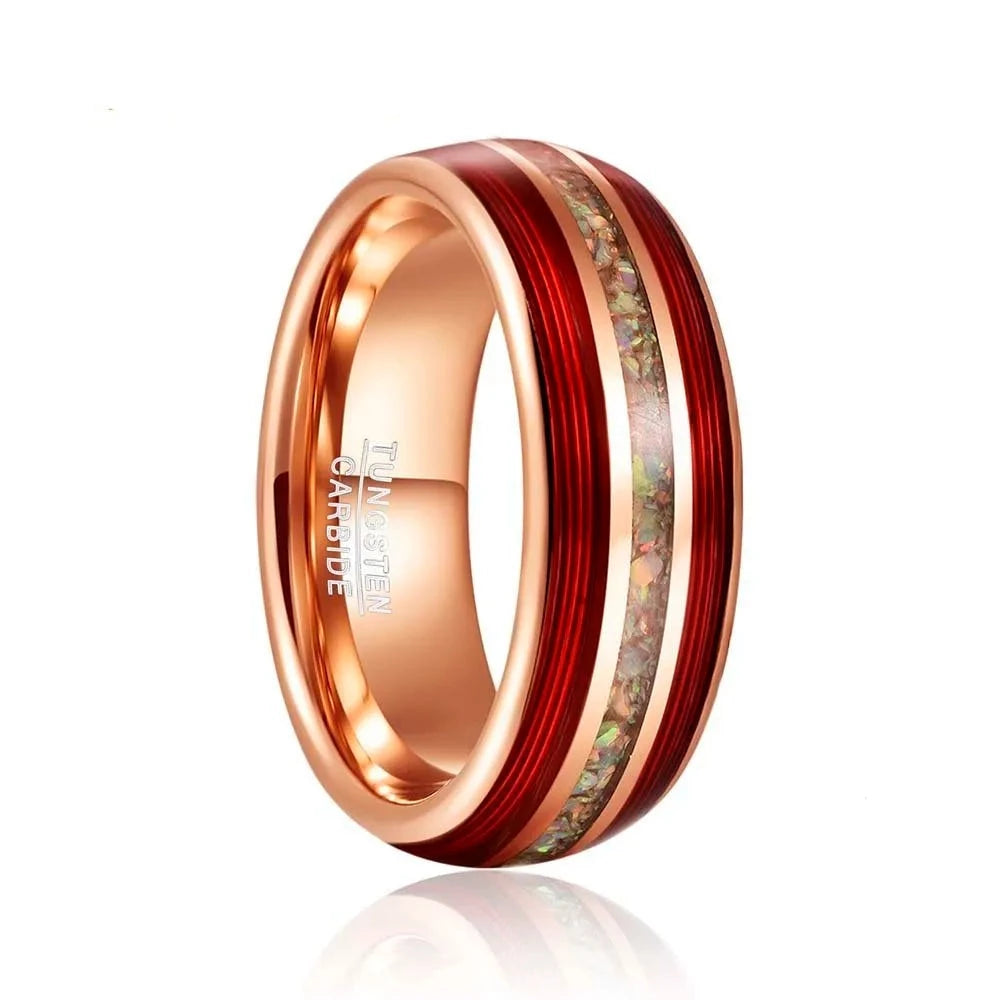 Rose Gold Men's Tungsten Wedding Band with Red Guitar String & Opal Inlay-Black Diamonds New York